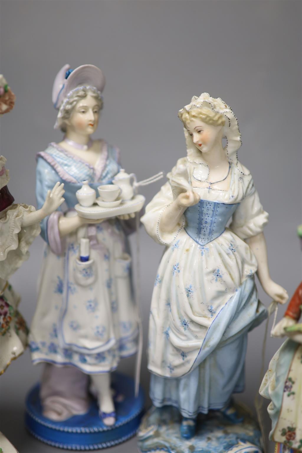 Six Continental porcelain figures, tallest 23cm